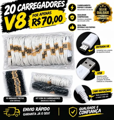 KIT DE CARREGADORES V8 PARA CELULAR