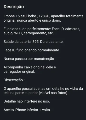 iPhone 15 128GB - Descrição do aparelho nas fotos.
