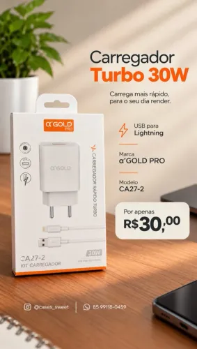 Carregador Turbo 30W USB para Lightning a?Gold CA27-2