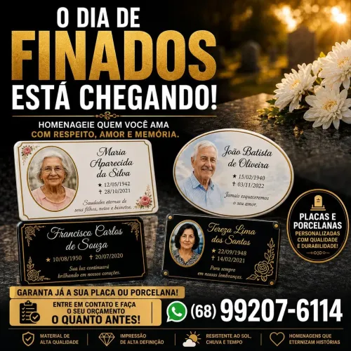 FOTOS EM PORCELANA E PLACAS EM ALUMÍNIO PARA TÚMULO