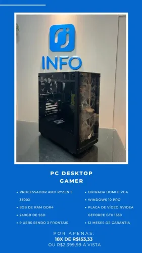 PC Desktop Gamer - Processador AMD Ryzen 5 - 8Gb Ram - 240Gb SSD