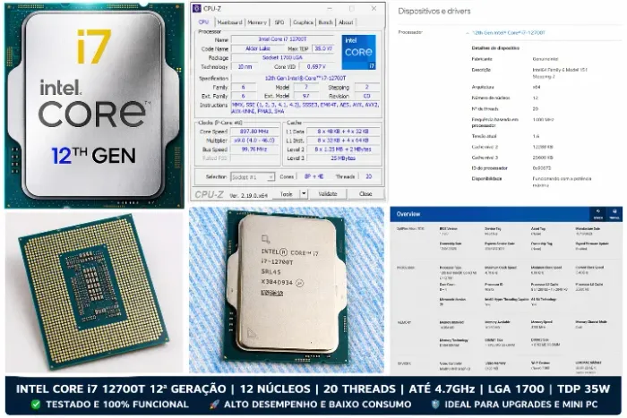 Processador i7 12700T 12ª Gen LGA1700 Turbo 4.7GHz 12C/20T Testado