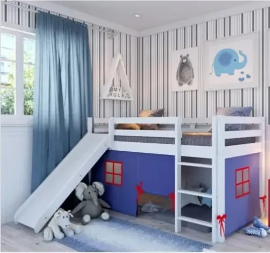 Cama Alta Infantil com Escorregador e Tenda em Madeira Maciça/mdf Branco