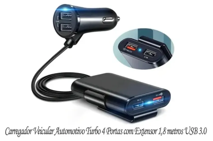 Carregador Veicular Automotivo Turbo 4 Portas com Extensor 1,8 metros USB 3.0