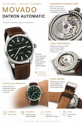 Movado Datron Automatic Suíço Verde Pulseira Couro