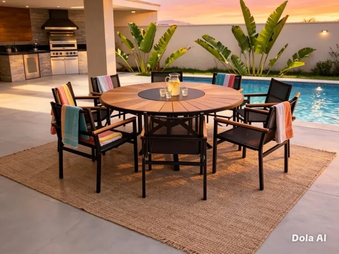 Mesa de jardim com 8 cadeiras e guarda sol