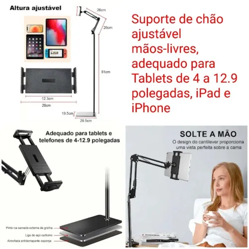 Suporte de chão ajustável mãos-livres para Tablets, Celulares de 4 a 12.9