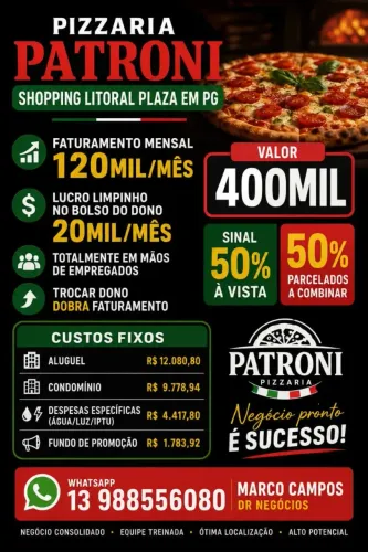 PIZZARIA FRANQUIA LUXO NO MELHOR SHOPPING LUCRO LIQ NO BOLSO R$20MIL/MES MOV120MIL SINAL 2