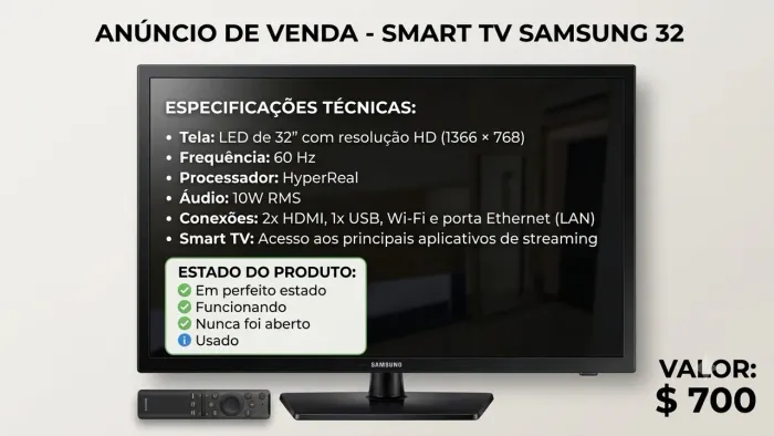 Smart TV Samsung 32" HD - Wi-Fi, HDMI, USB (Perfeito Estado)