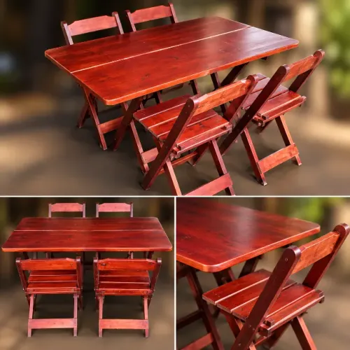 Mesa de Madeira Rústica + 4 Cadeiras Dobráveis - R$ 420