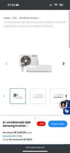 AR CONDICIONADO 18 mil btus SAMSUNG WINDFREE INVERTER 