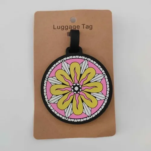 Tag identificador redondo emborrachado de bagagem mala - mandala amarela rosa