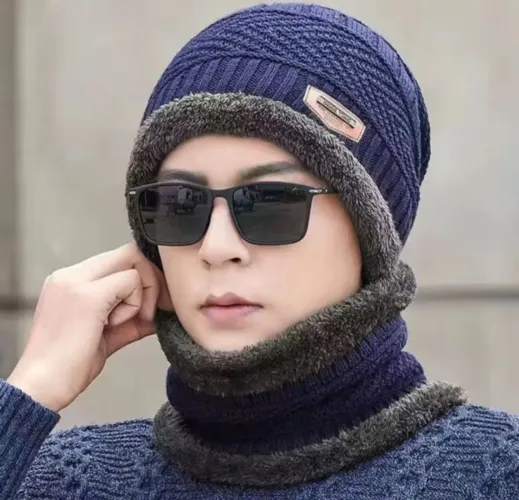 Conjunto de gorro e cachecol de inverno masculino