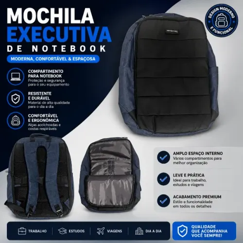Mochila executiva / de laptop -- formato moderno, confortável & espaçosa (c/ divisórias)