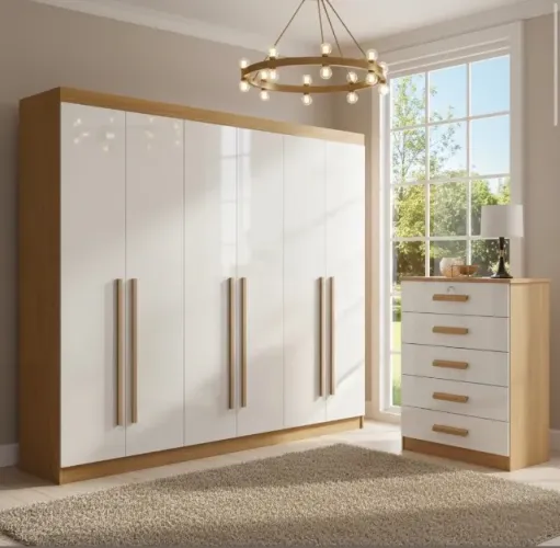Conjunto Roupeiro Grande Elite 6 Portas com Cômoda Premium