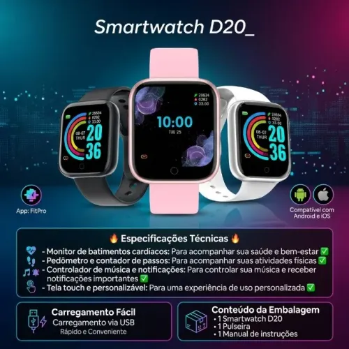 Smartwatch D20 - Relógio Digital Inteligente