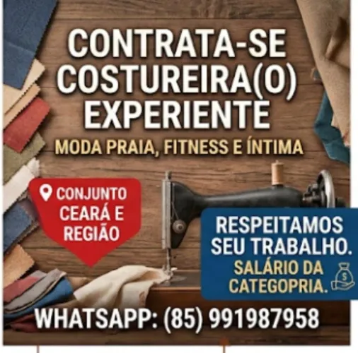 VAGA DE EMPREGO: COSTUREIRA(O) DE MODA PRAIA, FITNESS E ÍNTIMA