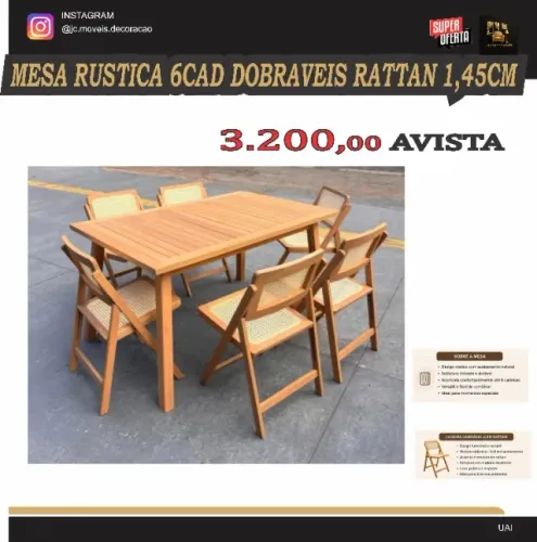 MESA RUSTICA 6 CADEIRAS RATTAN