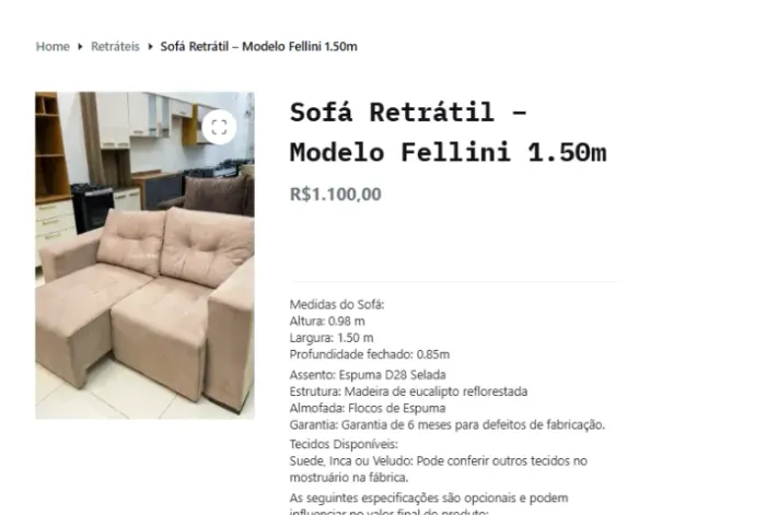 Sofá Retrátil - Modelo Fellini 1.50m