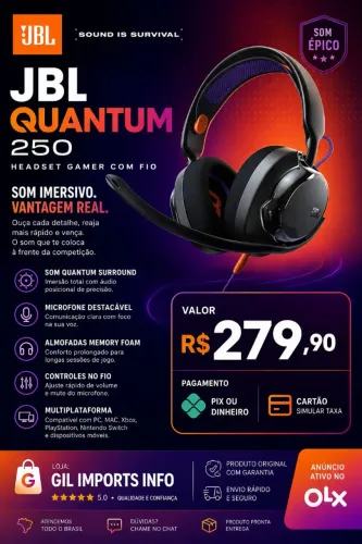 JBL Quantum 250 Headset Gamer com Fio - Som Imersivo e Máximo Conforto NOVO