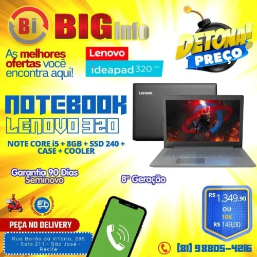 Notebook Lenovo Ideapad 320-Core i5-8200U - RAM 8GB - SSD 240 - Tela 15 - Em ate 10x Fixas