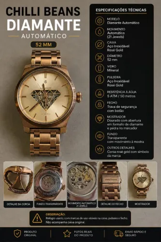 Chilli Beans Diamante Automático 52mm - Rosé Gold