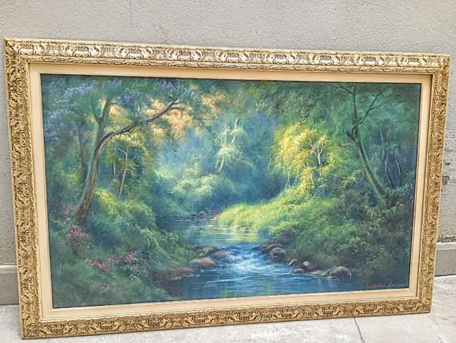 Quadro Paisagem Reta e Riacho com Moldura Dourada Trabalhada Classica
