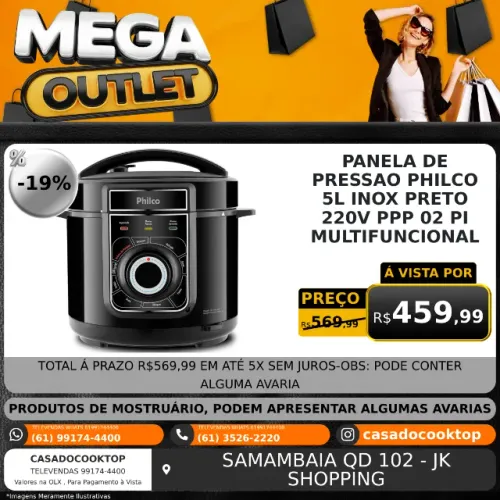 PANELA DE PRESSAO PHILCO 5L INOX PRETO 220V PPP02PI MULTIFUNCIONAL 056402068