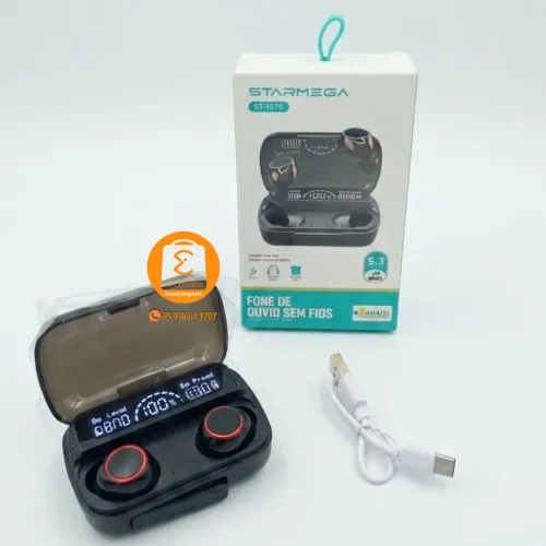 Fones de Ouvido sem fio Bluetooth 5.3 Estéreo com Display LCD carregamento e Borrachas