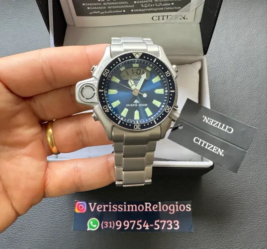 Relógio Citizen Aqualand Jp2000 67L Série Prata Azul Pulseira Aço Novo
