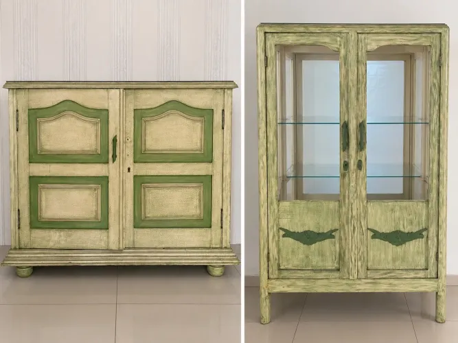Conjunto de Móveis Antigos em Madeira - Buffet + Cristaleira Vintage