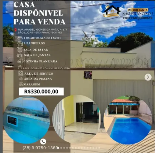 Casa de 3 quartos e 1 suíte com piscina disponível para venda.