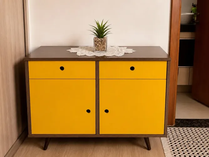 Aparador/Balcão Retrô 80 cm - Amarelo e Madeira | Ótimo Estado