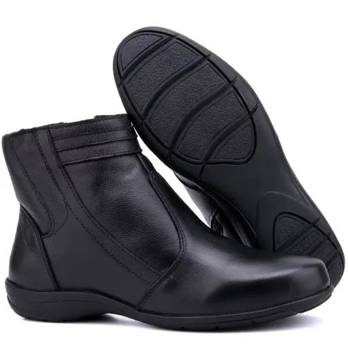 Bota Coturno Feminino Cano Curto couro Legítimo Zíper Preta