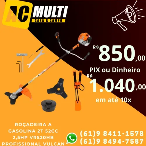 Roçadeira a gasolina 2T 52cc 2,5HP VR520H Profissional Vulcan