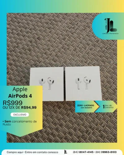 APPLE AIRPODS 4, SEM O CANCELAMENTO DE RUÍDO, LACRADO, EXCLUSIVO!
