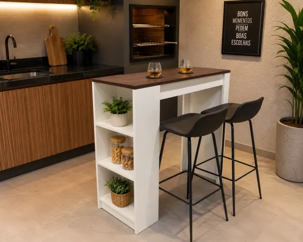 Bancada Gourmet 91,5 x 90 cm com Nichos - Branca e Amadeirada