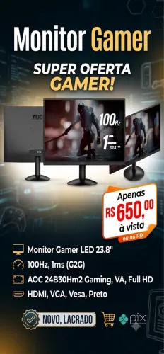 Monitor Gamer Led 23.8", 100Hz, 1Ms, Aoc 24B30Hm2 Gaming, Va, Full Hd,