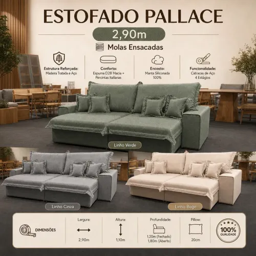 Sofá estofado de 2.90m de molas ensacadas