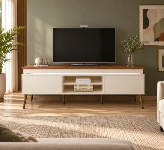 Rack Bancada Lumina Artely com LED, ideal para TVs até 75 Polegadas;