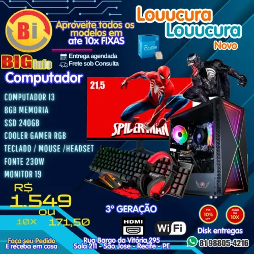 Computador Intel I3, 8gb Ram Ssd 240gb, Monitor 19 Gabinete Aquario Em ate 10x Fixas