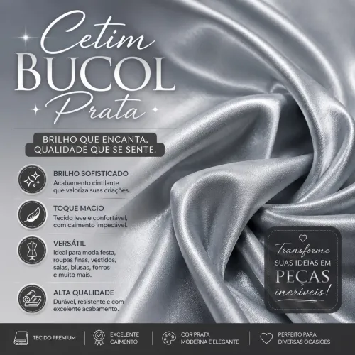 Tecido Cetim Bucol  Prata  Brilho 1 Metro