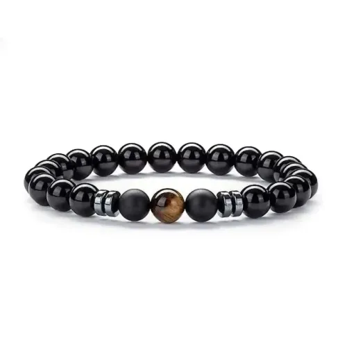 Pulseira Olho de Tigre Pedra Natural Unissex Elástica Preta