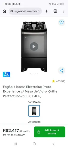 Fogão 4 bocas Electrolux Preto Experience c/ Mesa de Vidro, Grill e PerfectCook360 (FE4CP)