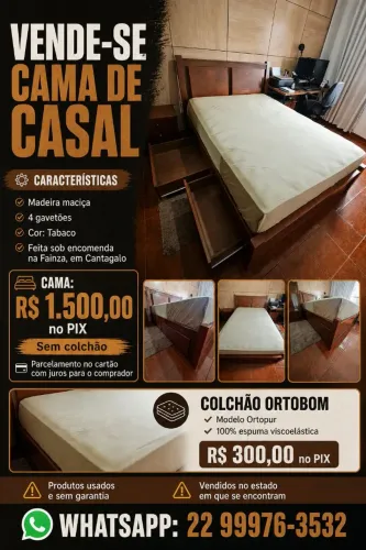 Cama de casal madeira maciça 4 gavetões.