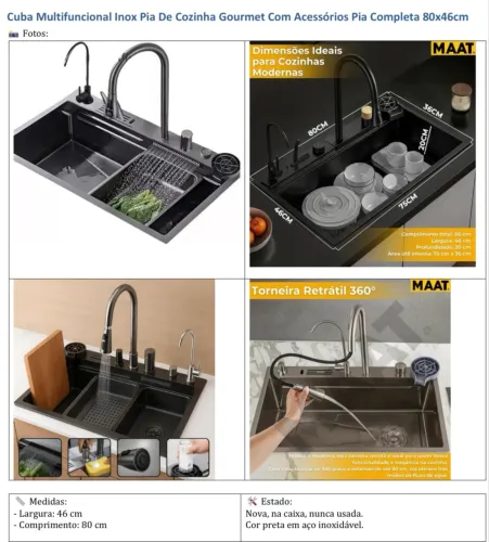 Cuba Multifuncional Inox Pia De Cozinha Gourmet Com Acessórios Pia Completa 80x46cm