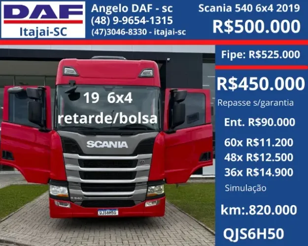 Scania R540 6x4 2019 - retarder - bolsa 