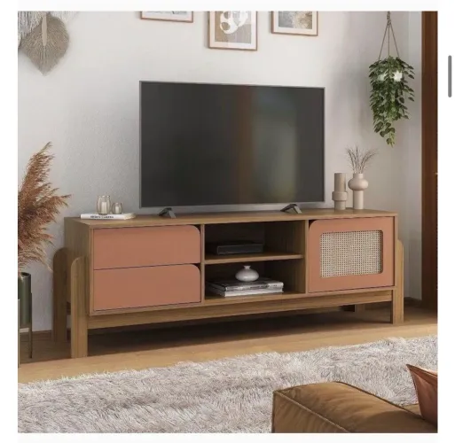 Rack 1,60 mt para TV até 65 polegadas 2 gavetas 1 porta NATURE cor Carvalho com Terracota