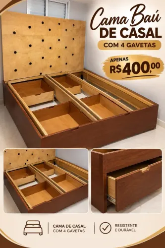 Cama baú de casal com 4 gavetas
