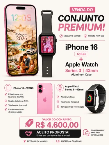 iPhone 16 128 GB + Apple Watch Series 3 42 mm - R$ 4.600,00